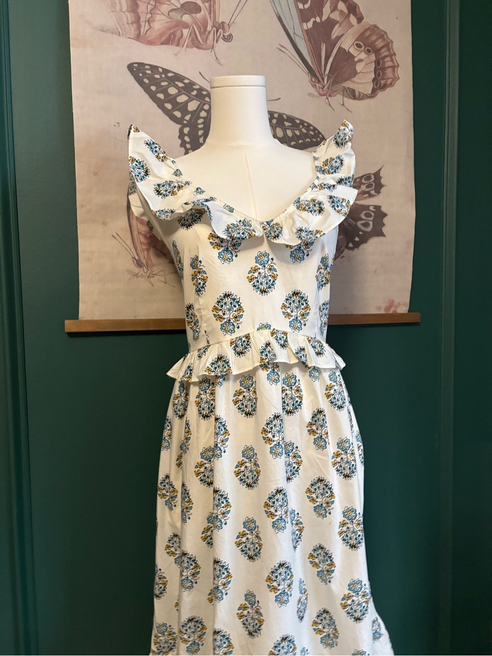 J. Crew block print  White  Ruffle Maxi Dress size 10 - Picture 2 of 6
